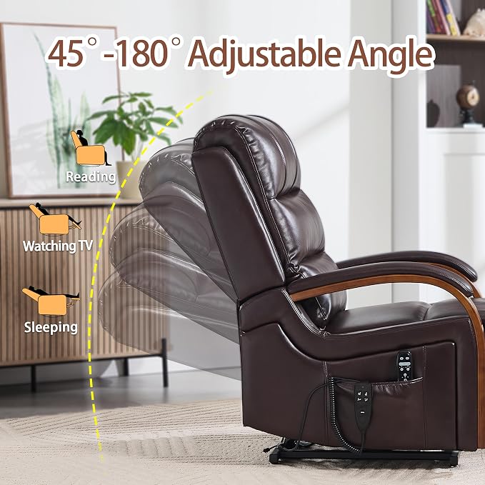 Power Lift Recliner Chair for Elderly People, Dual Motor Lay Flat Recliner with Vibration Massage and Heat, Lift Chair with Solid Wood Armrest, Standing Assistance Reclining, Faux Leather Red Brown