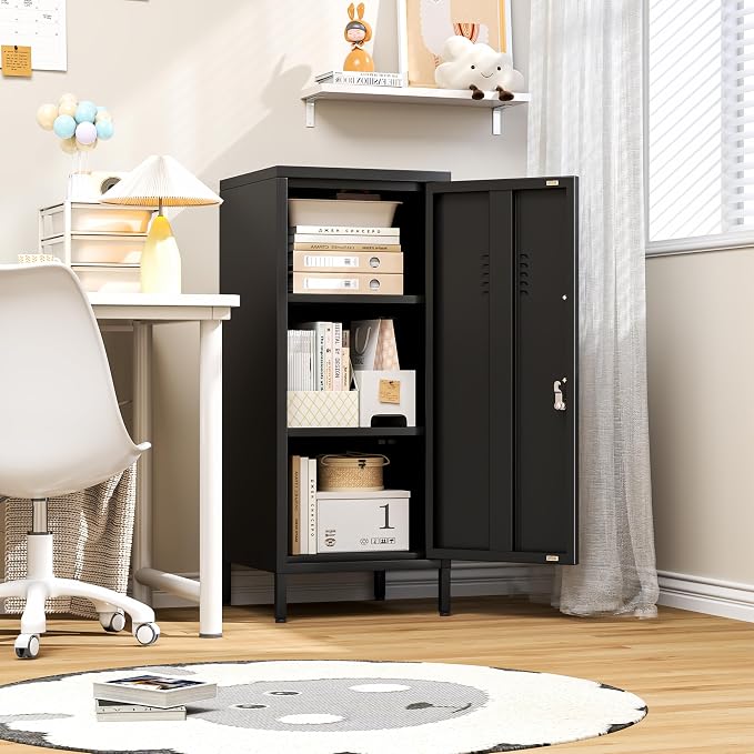 pozdeg 35.43" Metal Storage Locker with Lockable, Metal Steel Locker for Employees with 1 Door ＆ 2 Adjustable Shelves, Small Locker Storage Cabinets for Home, School, Office, Gym (Black)