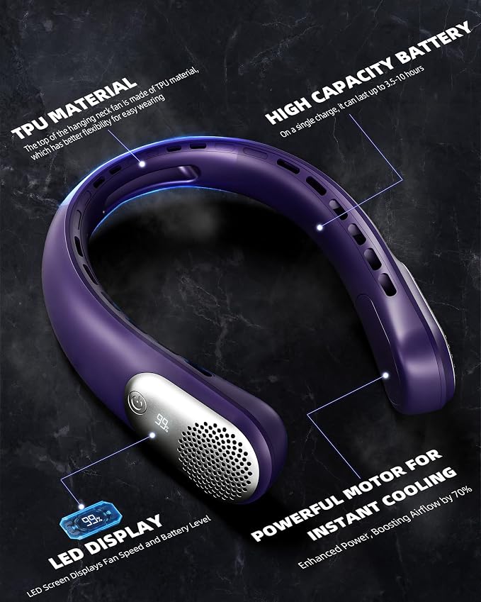 Neck Fan, Portable 4000 mAh Battery Operated Personal Fan with LED Display, 3 Wind Speed, Fast Cooling, Fast Cooling,USB Rechargeable Fan for Women Outdoor Purple