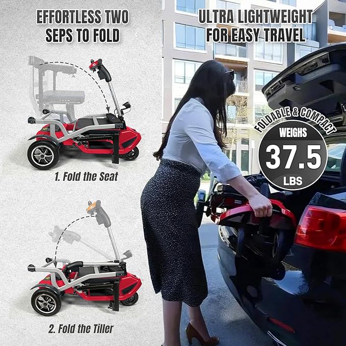 R3b-Mobility Scooters for Seniors Adults Ultra Lightweight 37.5 Ibs Electric Powered Folding 4 Wheel Mobility Scooter with Cup Holder, Compact & Convenient for Travel Airline Approved, Red