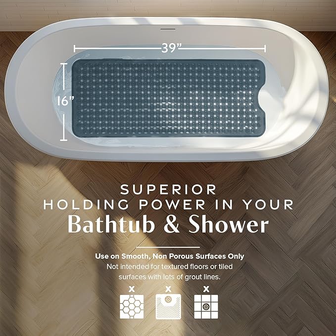 SlipX Solutions Power Grip Bathtub Safety Mat | Precision Grip Technology for Longer, Stronger, & Softer Wet Surface Protection | Clear Black 39"x16"