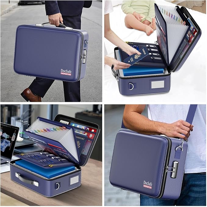 DocSafe Fireproof Document Box with Lock＆Shoulder Strap,Hard Case File Organizer with Accordion File Folder,Multi-Layer Portable Home Office Travel Safe Storage for Important Documents Laptop Blue