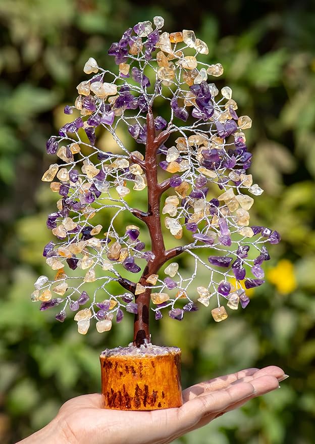 Amethyst & Citrine Crystal Tree of Life - Chakra Tree for Positive Energy, Handmade Gemstone Feng Shui Decor - Good Luck Money Bonsai, Healing Crystals Decoration Ornament, Spiritual Gift