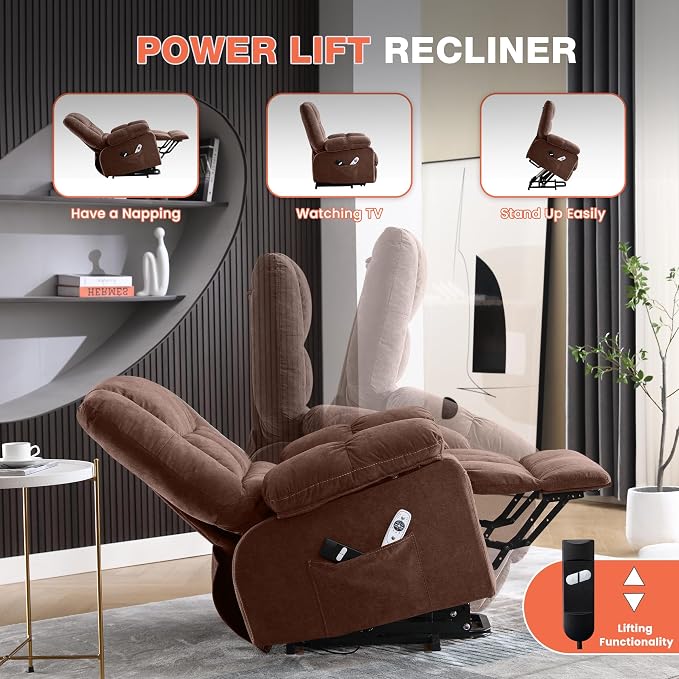 MAHOMICO Power Lift Recliner Chair for Elderly with Vibration Massage and Lumbar Heating,Electric Lift Recliner Single Sofa with Side Pocket,USB Charge Port for Living Room