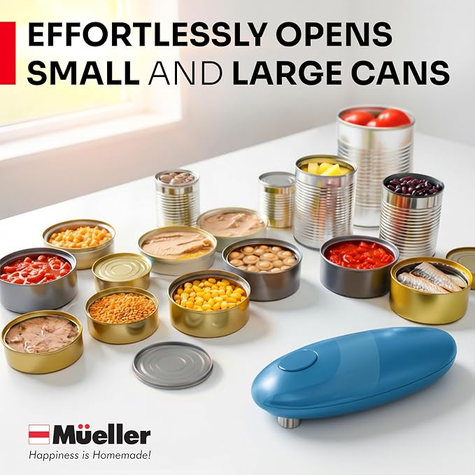 MUELLER HOME SmoothEdge Auto Electric Can Opener, Blue | Battery-Operated, One-Touch w Magnet Lid Lifter, Smooth-Edge Cut Technology, Portable Hands-Free Automatic