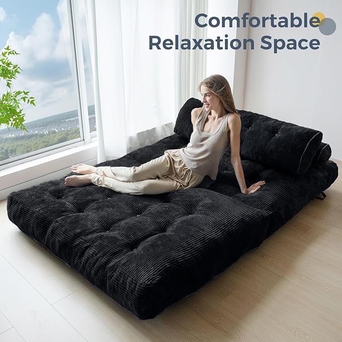 MAXYOYO Folding Sofa Bed, Convertible Sleeper Chair with Pillow Foldable Matress with Back Support, Portable Fold Out Chair Bed Comfy Floor Sofa Lounge for Living Room Bedroom, Black Double