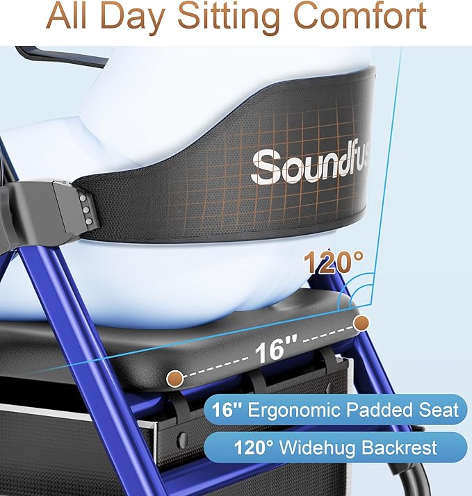 Rollator Walkers for Seniors with Seat, Foldable Lightweight Rolling Walker with 8" Big PU Wheels, Ergonomic Seat, Dual Height Adjustment