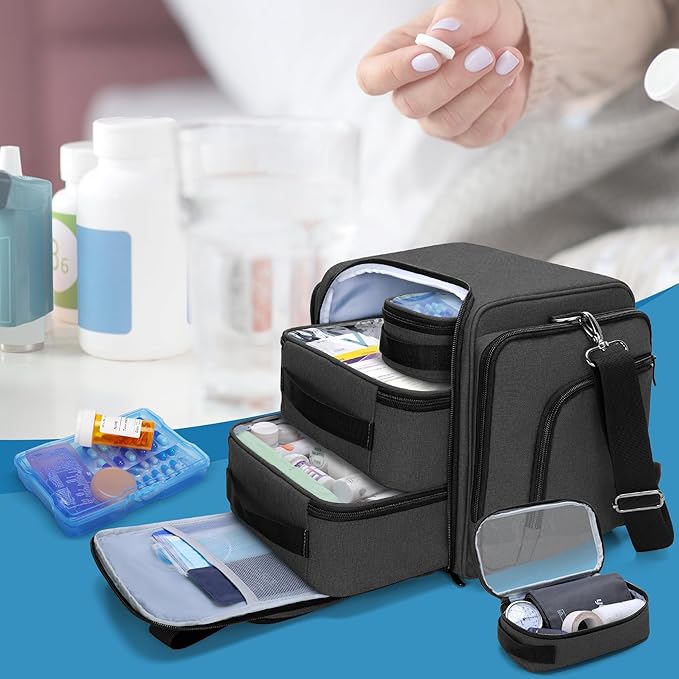 BAFASO Large Pill Bottle Organizer with 4 Inner Removable Pouches, Black | Medicine Bag Come with Shoulder Strap, BAG ONLY.