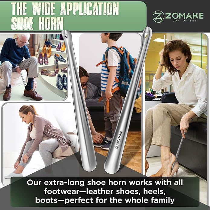 ZOMAKE Metal Shoe Horn Long Handle for Seniors 16.5 Inch,Long Shoehorn Stainless Steel Shoe Spoon Shoe Helper for Men Women