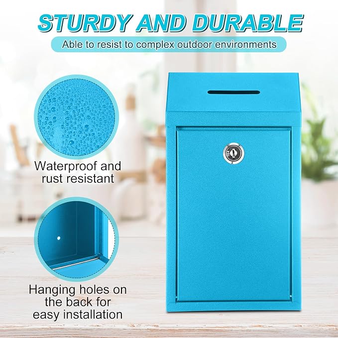 Yaocom Metal Money Box,Light Blue,10.24 x 5.71 x 2.95 Inch,No Lid | Wall Mounted Drop Donation Cash Box for Farm Stand Collection Safe Suggestion Box with Lock Container for Home Office Outdoor