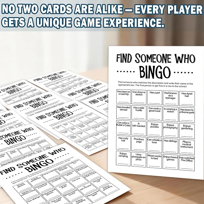 Team Building Games for Work Adults – Find Someone Who Bingo Game, 25 Unique Human Bingo Cards 5x7 Inch, Ice Breaker & Office Games for Parties, Meetings & Events - A01