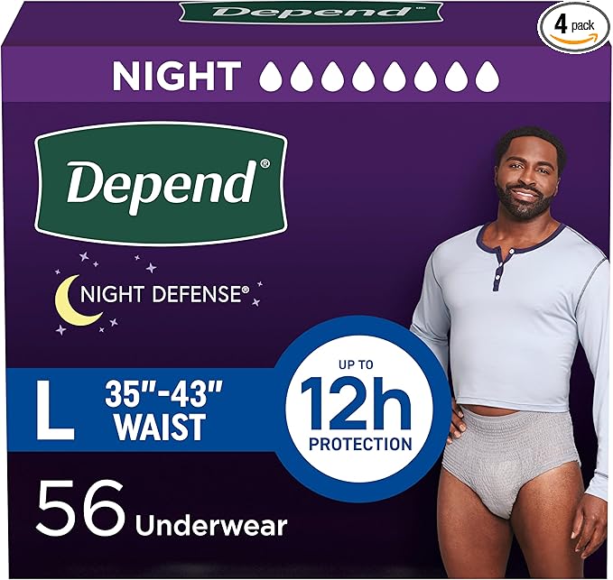Depend Night Defense Adult Diapers, Incontinence Underwear for Men, Disposable, Overnight, Large, Grey, 56 Count (4 Packs of 14), Packaging May Vary