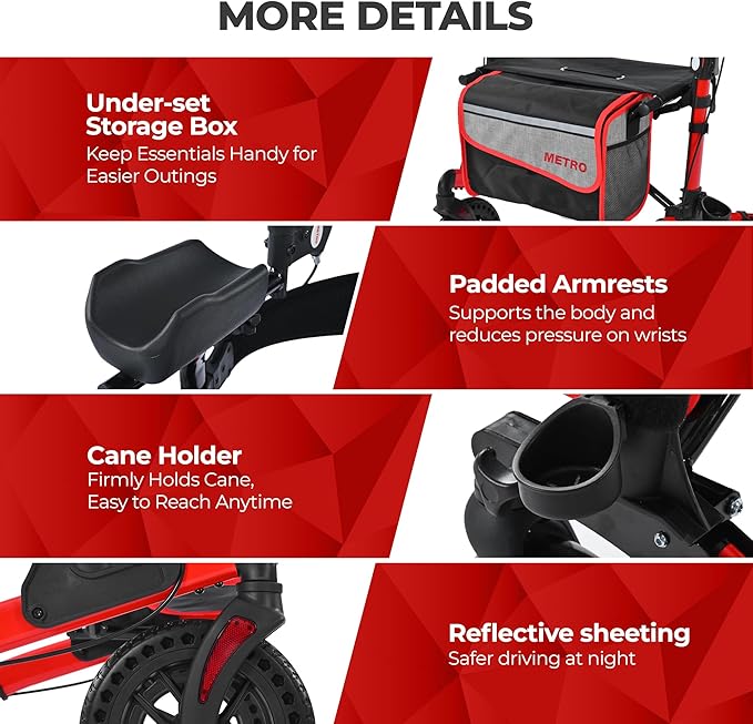 Metro Mobility Rollator Walker with Seat for Seniors, Foldable Lightweight Walkers for Seniors, 10" Big Front Shock-Absorbing Honeycomb Wheels for All Terrain, 300 lb. Weight Capacity, Red