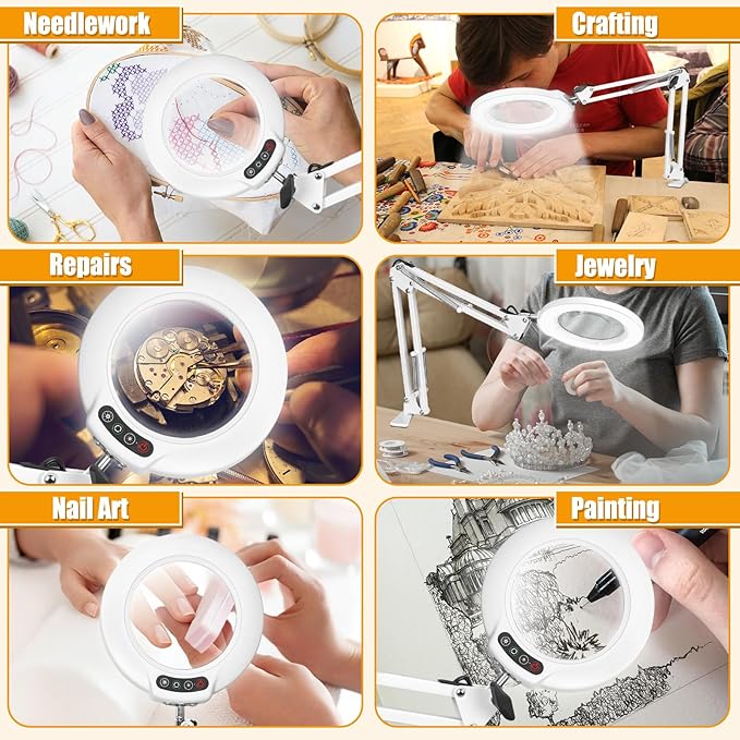 10XMagnifying Glass with Light and Stand (No Acrylic Lens), 2-in-1 Lighted Magnifier with Clamp, 5 Color Modes Dimmable LED Desk Lamp Hands Free for Painting Craft Sewing Hobby Close Work White