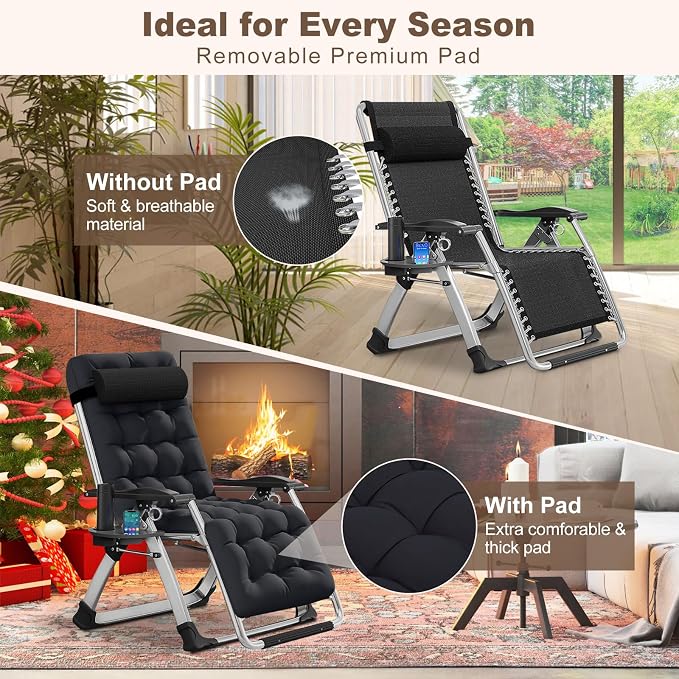 Comfy Folding Recliner Chair -Bedroom Living Room Chairs | Patio Lounge Chair with Removable Cushion for Indoor Outdoor