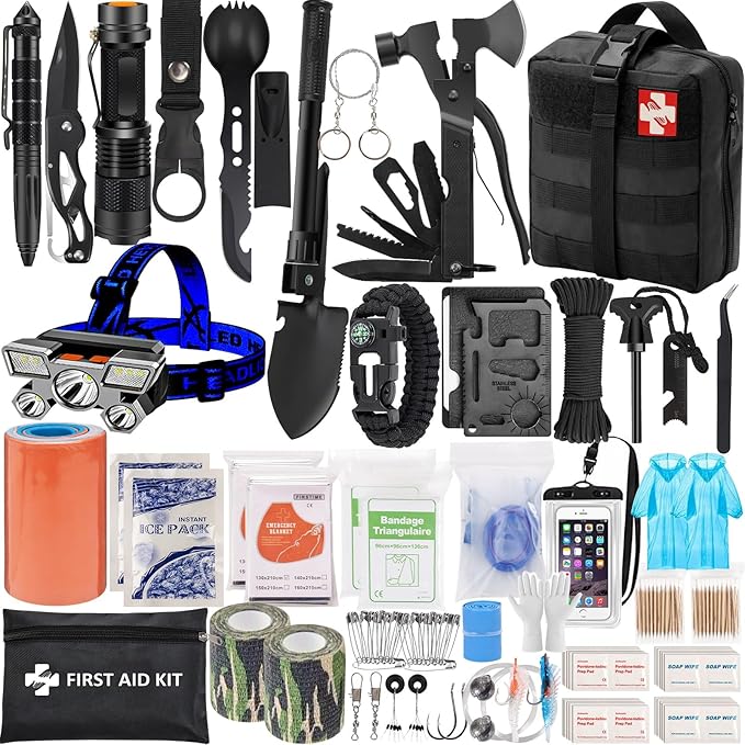 GPUSFAK Emergency Survival Kit and First Aid Kit, Camping First Aid Survival Kit with Molle Pouch for Preparedness Outdoor Adventure, Black