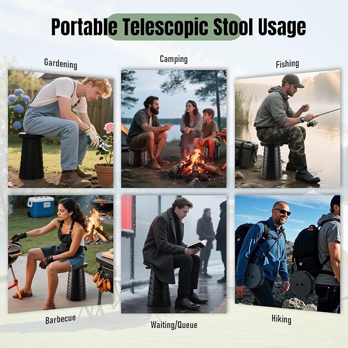Doseno Collapsible Stool 2 Pack, Upgraded Foldable Stool, Portable, Black | Portable collapsible stool for outdoor fishing, hiking, BBQ and parties. Retractable stool with thickened PP, 2.4-17.5 in.