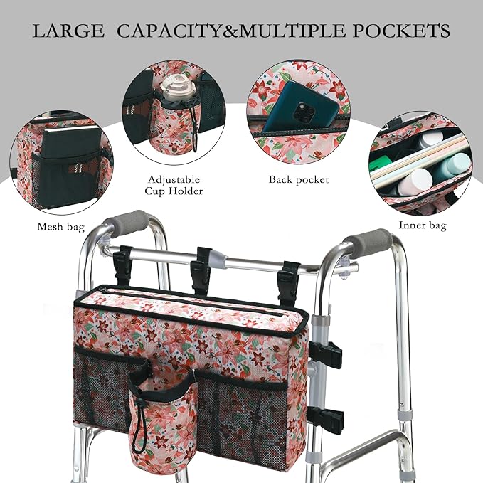 Double-Sided Walker Bag with Flower Design,Tote Handle Zipper Plug Buckle Organizer Pouch for Seniors, Walker Accessories