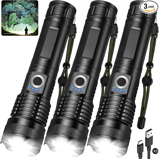 3 Pack Rechargeable LED Flashlights 990,000 Lumens, Adjustable, 5 Modes, IPX7 Waterproof, Powerful Handheld Flash Lights for Camping Hiking Emergency Home (M-3P)