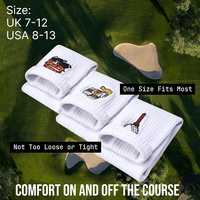 Shanker Golf Socks - Golf Trip Essentials White Socks – 3 Pack, Size 8-13 - Funny White Socks for Men – Perfect Golf Accessories – Funny Golf Gift - Dad, Husband, Boyfriend, Fathers Day