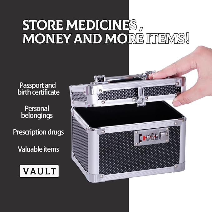 Small Medication Combination Lock Boxes with Code for Personal Items, Medicine Lockbox for Documents - 7.1 x 5.1 x 5.3 Inches Black