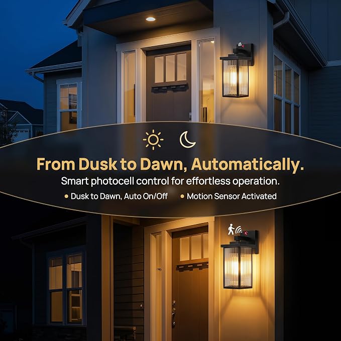 Motion Sensor Porch Light, Dusk to Dawn Outdoor Wall Light, Black | 2 Modes, 220° Motion Detection, Auto On and Off, Anti-Rust Metal Frame, Pre-Assembled DIY Install on Porch, Garage