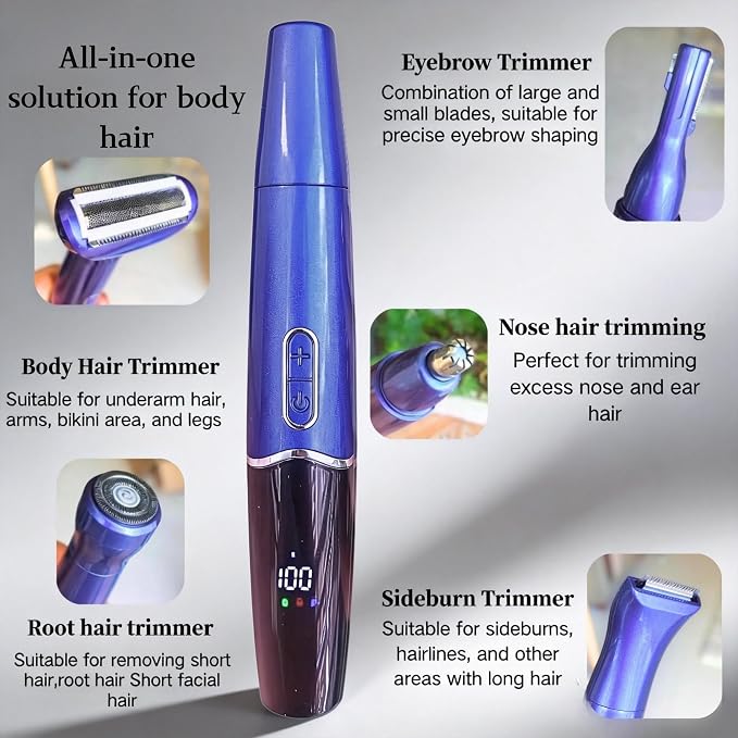 5-in-1 Rechargeable Nose & Ear Hair Trimmer - IPX7 Waterproof Dual Edge Grooming Kit for Men & Women, Perfect for Hair Removal of Nose, Eyebrows, Body, Facial Hair, Sapphire Blue