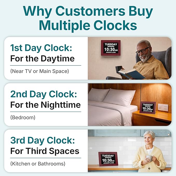 American Lifetime New 2026 Dementia Clock Large Digital Clock for Seniors, Alzeimer Clock Large Display with Custom Alarms, Clock with Day & Date for Elderly, Digital Calendar Mahogany, 15 Inch