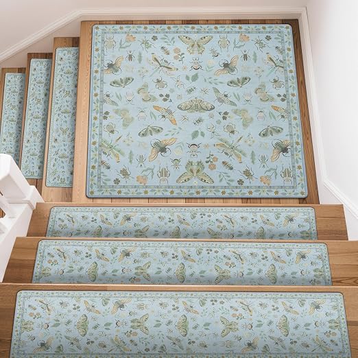 OJIA Stair Treads Non-Slip Landing Mat for Wooden Steps 31"x31" Stair Rugs | Square Capet Stair Treads Rubber Backed Stair Runner Anti-Slip Matching Mat Stair Rugs Carpet for Stairs Blue