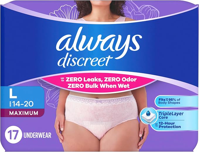 Always Discreet Adult Diapers for Women, Incontinence Underwear, Postpartum Essentials, Disposable Briefs, Max Absorbency, Bladder Leak Protection, Large, 17ct
