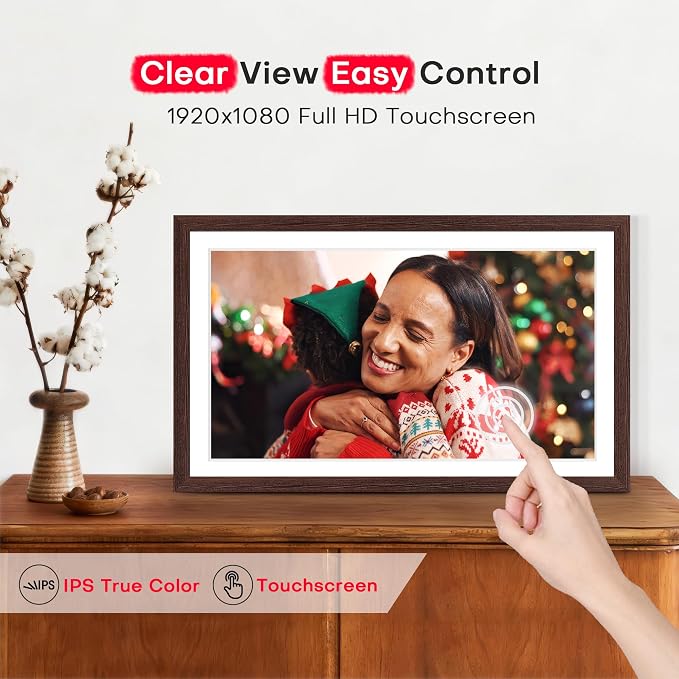 Frameo 15.6 inch Digital Picture Frame WiFi Wood, 1920 * 1080 IPS FHD Touchscreen Large Digital Photo Frame, 32GB Storage, Instant Share Photo Video, Wall-Mountable & Tabletop Display, Gift for Mom