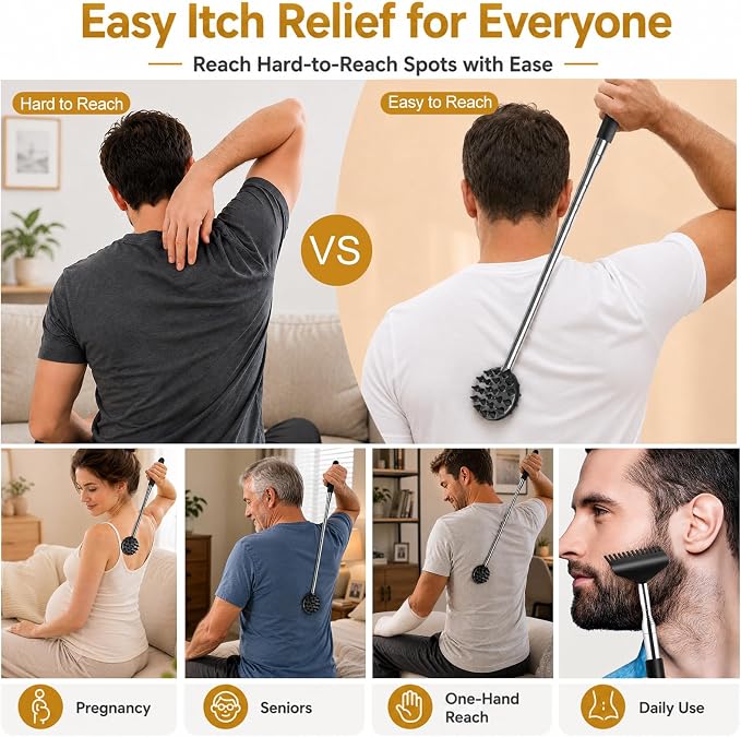 Telescoping Back Scratcher with 5 Detachable Heads, Gift for Men Black | 10-30" Reach, Stainless Steel Pole, Rubber Grip, Christmas Stocking Stuffers, White Elephant, Anniversary and Birthday Gift