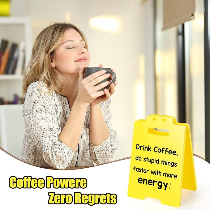 MBL Coffee Station Accessories Sign - Drink Coffee Do Stupid Things Faster with More Angry, Funny Small Fun Gag Office Cubicle Bar Desk Sign Gifts for Team Coworker Teammate Employee Hr Boss