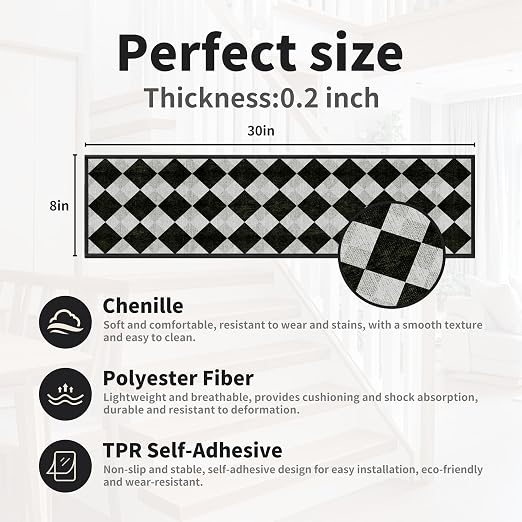 Non Slip Stair Treads for Wooden Steps, 4 Pack 8"x30" Washable Carpet | 8x30 in soft chenille polyester stair treads with reusable TPE backing for indoor wood stairs, dogs, kids, and seniors