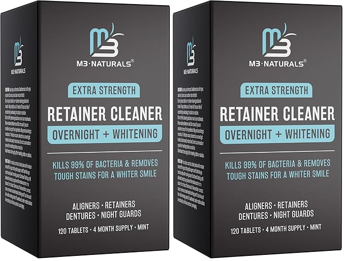 Overnight + Whitening Retainer Cleaner, Remove Stains, Discoloration, and Plaque | 4 Month Supply | Denture Cleanser with Whitening Boost,120 Tablets by M3 Naturals (Pack of 2)