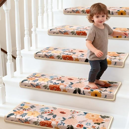 RORA Bullnose Stair Treads for Wooden Steps, Non Slip Stair Carpet 14pcs | Washable, Self-Adhesive, Floral Stair Rug Runner with Edge Protection for Indoor, Pets & Elder, 29.5 x 9.5x 1.7, Pink