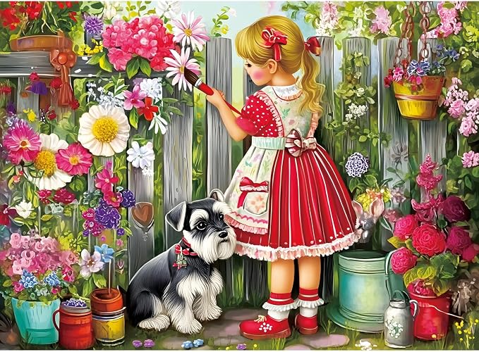 500 Pieces Puzzle for Adults, Beautiful Girl Jigsaw Puzzle, Cute Dog Garden Flowers Puzzle for Kids Adults Seniors, Recycled Cardboard Puzzle with Letters on Back, Fun Family Game Birthday Party Gift