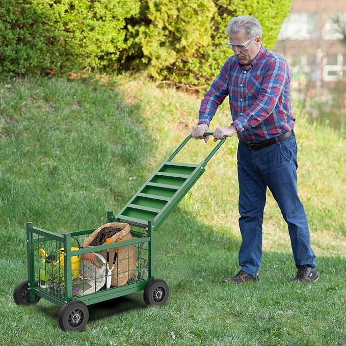 Garden Cart with Seat,3-in-1 Rolling Seat with Wheels for Seniors Gardening | Upgraded Heavy Duty Gardenning Cart with Seat, Supports up to 500 LBS for Seniors, Lawn, Patio & Backyard Gardening, Green