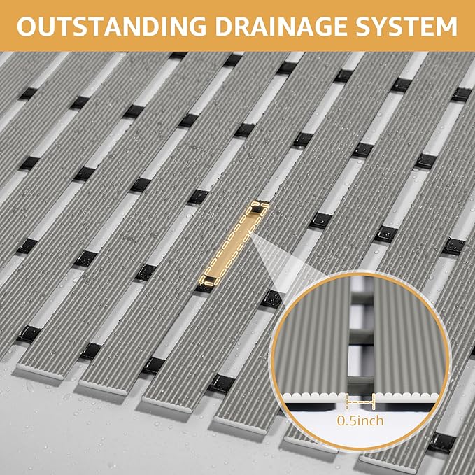 Yolife PVC Large Shower Mat, 35.4 × 24 Inch Non Suction Cup Non Slip Shower Floor Mat, Easy to Cut & Curlable Stand Up Shower Stall Mat, Heavy Duty Bath Shower Mats for Inside Shower