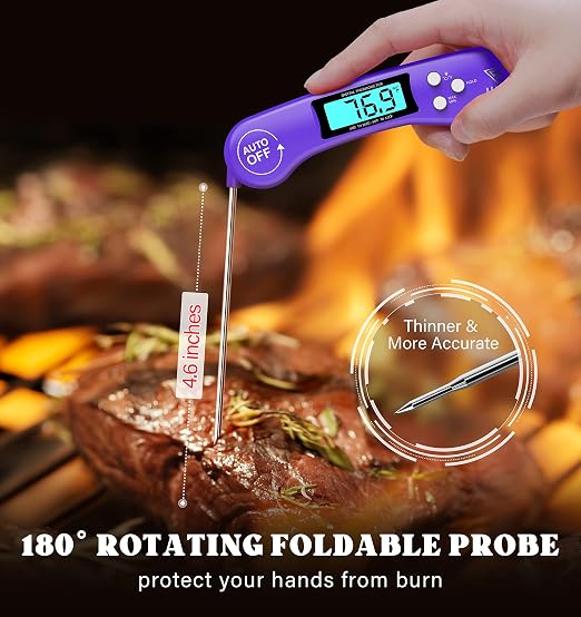 DOQAUS Meat Thermometer – Temperature Dial Thermometers for Cooking Backlight & Auto-Rotating Display, Kitchen Gadgets Essentials for BBQ Oven Grill Smoker Candy Purple