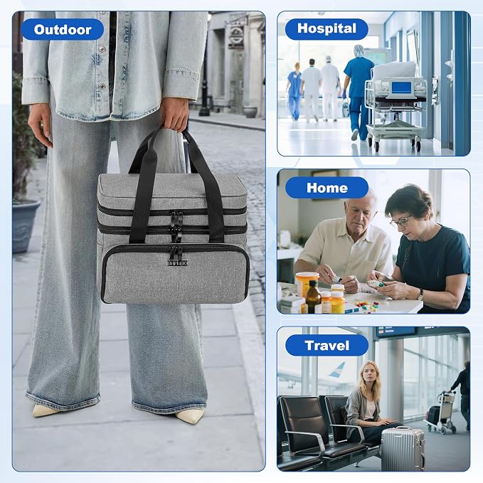 BAFASO Double Layer Medicine Bag with 2 Detachable Pouches, Gray | Pill Bottle Organizer for Travel and Daily Use (Bag ONLY)