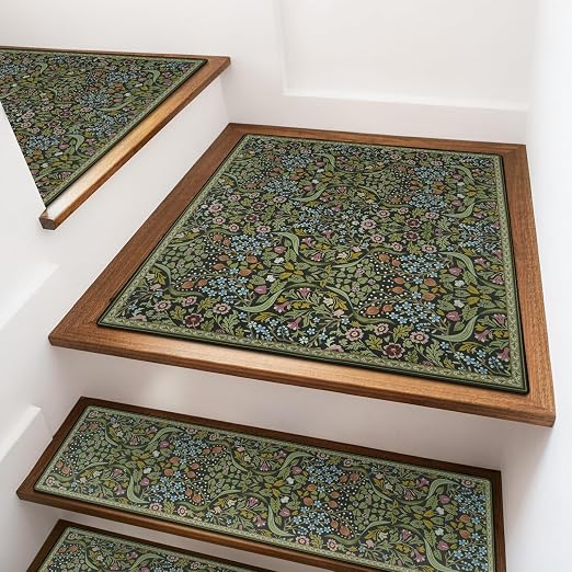 OJIA Stair Treads Landing Mat Non-Slip Stair Runners for Wooden Steps | 31"x31" Floral Carpet Stair Treads Matching Rug Stair Mats Staircase Step Treads for Kids, Elders, Dogs, Stair Covers, Green