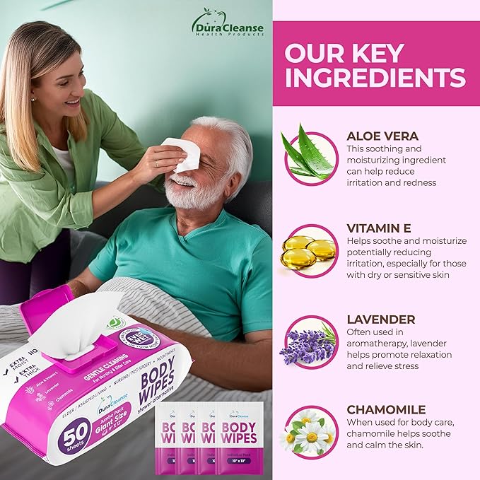 XL Body Wash Wipes for Adults Bathing No Rinse & Elderly Incontinence (4pk) - 200 Ct. + 16 Travel Bath Wipes - 9"x12" Disposable Washcloths for Adult Surgery Recovery Supplies & Elder Care Products