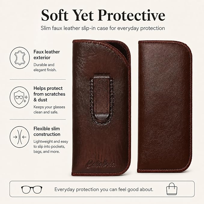 Calabria Slim Eye Glasses Case w/Clip Soft PU Leather Brown Men Women Eyeglasses Pouch Slip-In Eyewear Holder Sunglass Bag - 50PACK