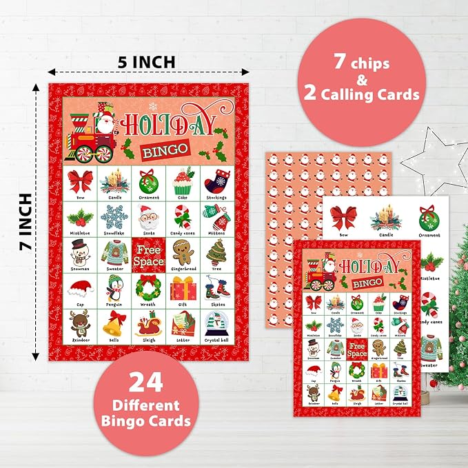 Christmas Holiday Bingo Game - Winter Bingo Card - 24 Players Bingo Game Set Indoor Outdoor Activities - Christmas, New Year Party Favors Supplies -A12