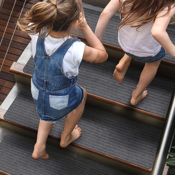 15 PCS Non Slip Stair Treads for Wooden Steps – 8"x30" Indoor Non Slip Stair Treads, Carpet Stair Mats with Self-Adhesive Backing, Removable & Machine Washable – Dark Grey