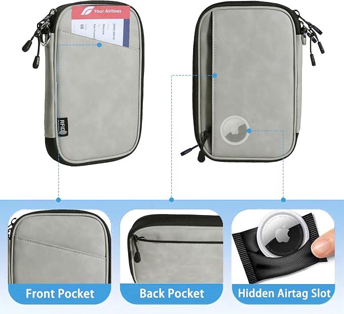 Lagre family passport holder for 4 multiple passport bag for travel passport cover rfid blocking for women waterproof wallet with zipper airtag passport case for men (pattern gray)