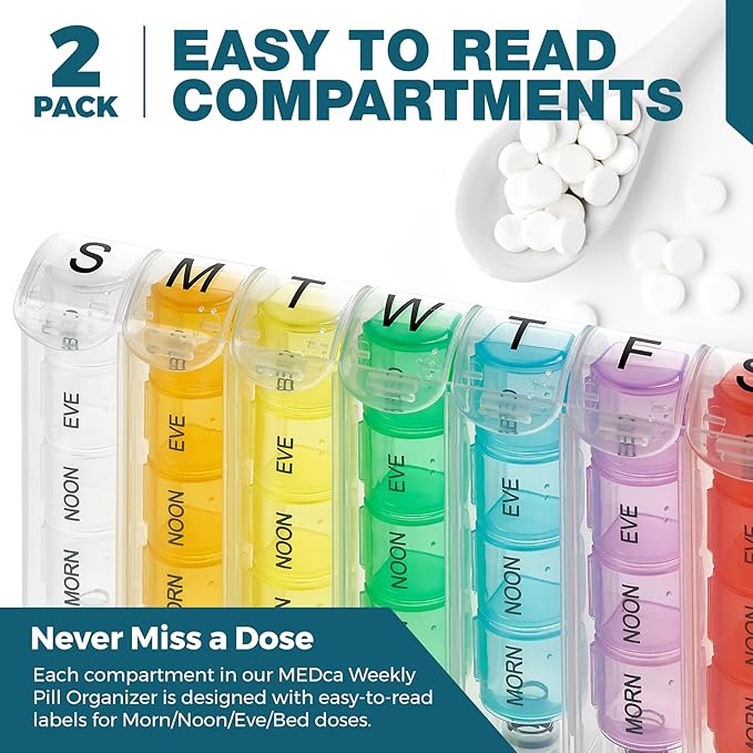 Weekly Pill Organizer - (Pack of 2) Pill Planners for Pills & Vitamins Each Day Week, Four Times-a-Day Medication Reminder, Easy to Read AM/PM Compartments Monday to Sunday for Travel & Purse