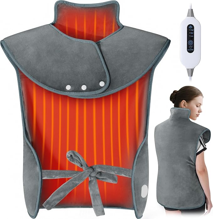 Heating Pad for Back Neck Shoulders, Large Wearable Relax Muscles, Birthday Gifts for Women Men Mom Dad Elderly, 3 Heat Settings/2-Hour Safe Auto-Off, 24"×37" Ergonomic Fit Design-Gray