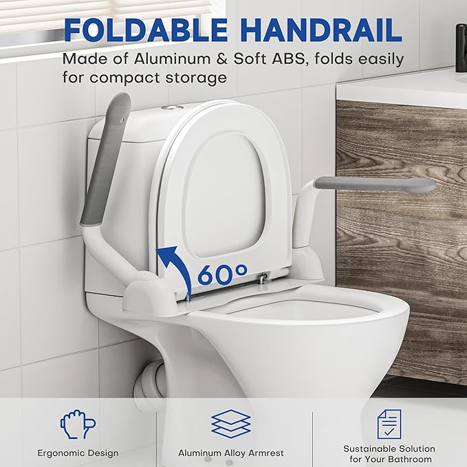 PETOUCH Toilet Safety Rails for Seniors, Heavy Duty Toilet Rails with Foldable Handles, Space-Saving Toilet Assist Arms, Toilet Bars for Elderly, Pregnant, Mobility Impaired, Support Up to 480LBS